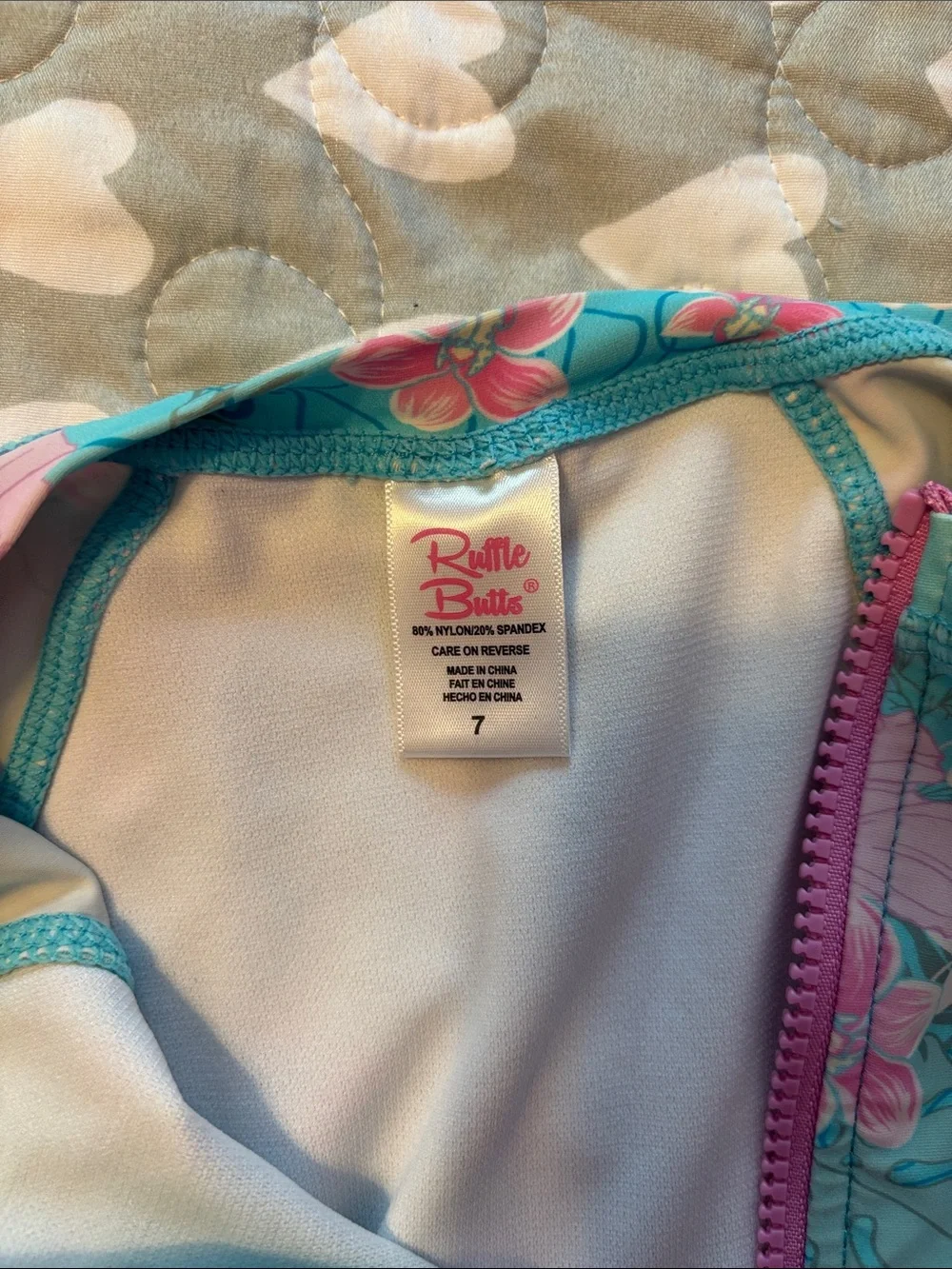 Ruffle Butts Turquoise & Pink Floral Long-Sleeve One-Piece Swimsuit